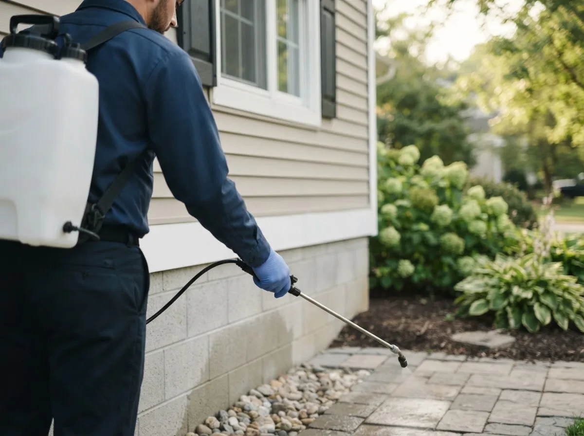 Pest control technician inspecting a home in Stryker, OH
